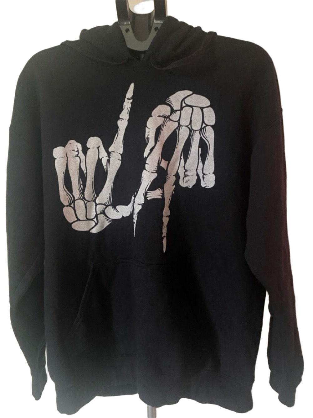 Gildan Black Hoodie with White LA Skeleton Hand Graphic - Men, Size L